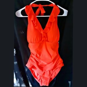 New with tags, Ellen Tracy poppy red halter one piece swimsuit size 14